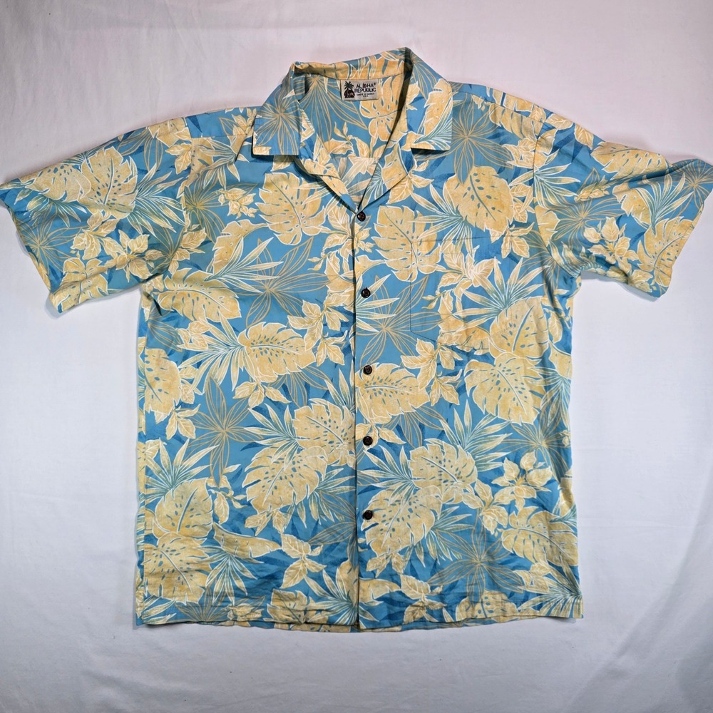 Aloha Republic Mens Blue Yellow Tropical Monstera Leaf Cotton Hawaiian Shirt L